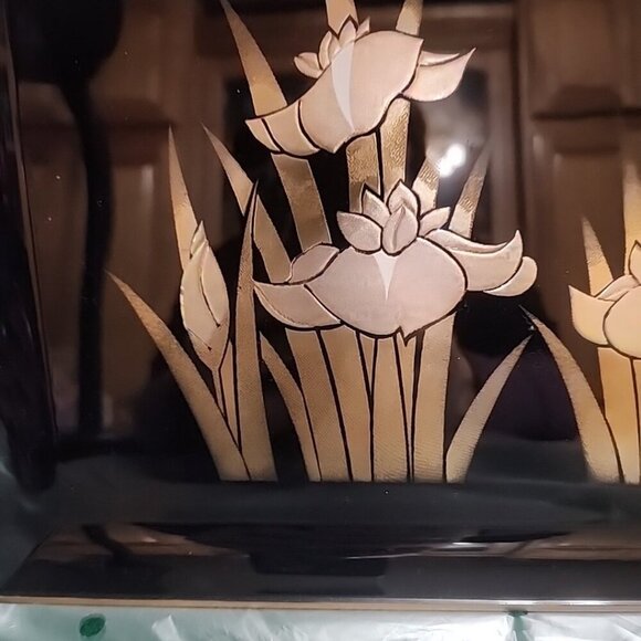 New Vint Otagiri Japan Pearl Iris Flower Lacquerware Serving Tray Black Gold - Picture 7 of 8